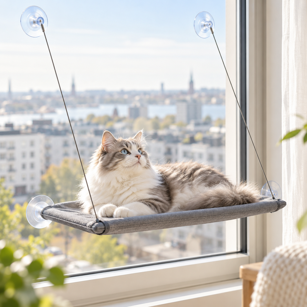Grå fönsterbädd för katt med sugkoppar monterad på fönster
