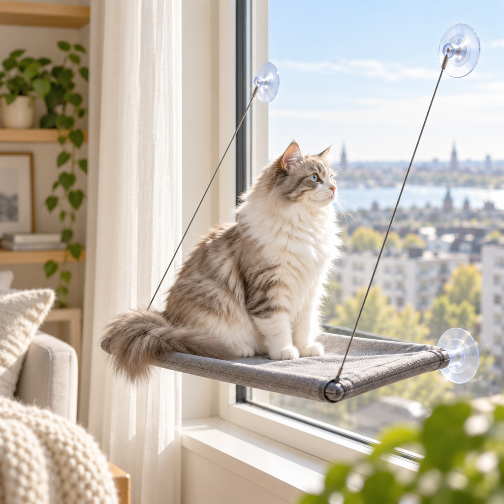 Katt sitter i grå fönsterbädd och tittar ut genom fönstret