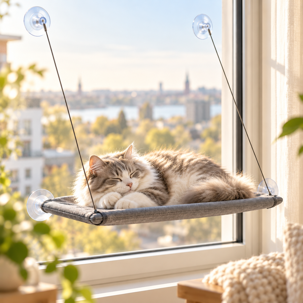 Sovande katt i grå fönsterbädd vid soligt fönster