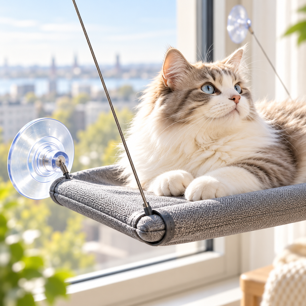 Närbild på sugkopp, vajer och tyg på fönsterbädd för katt