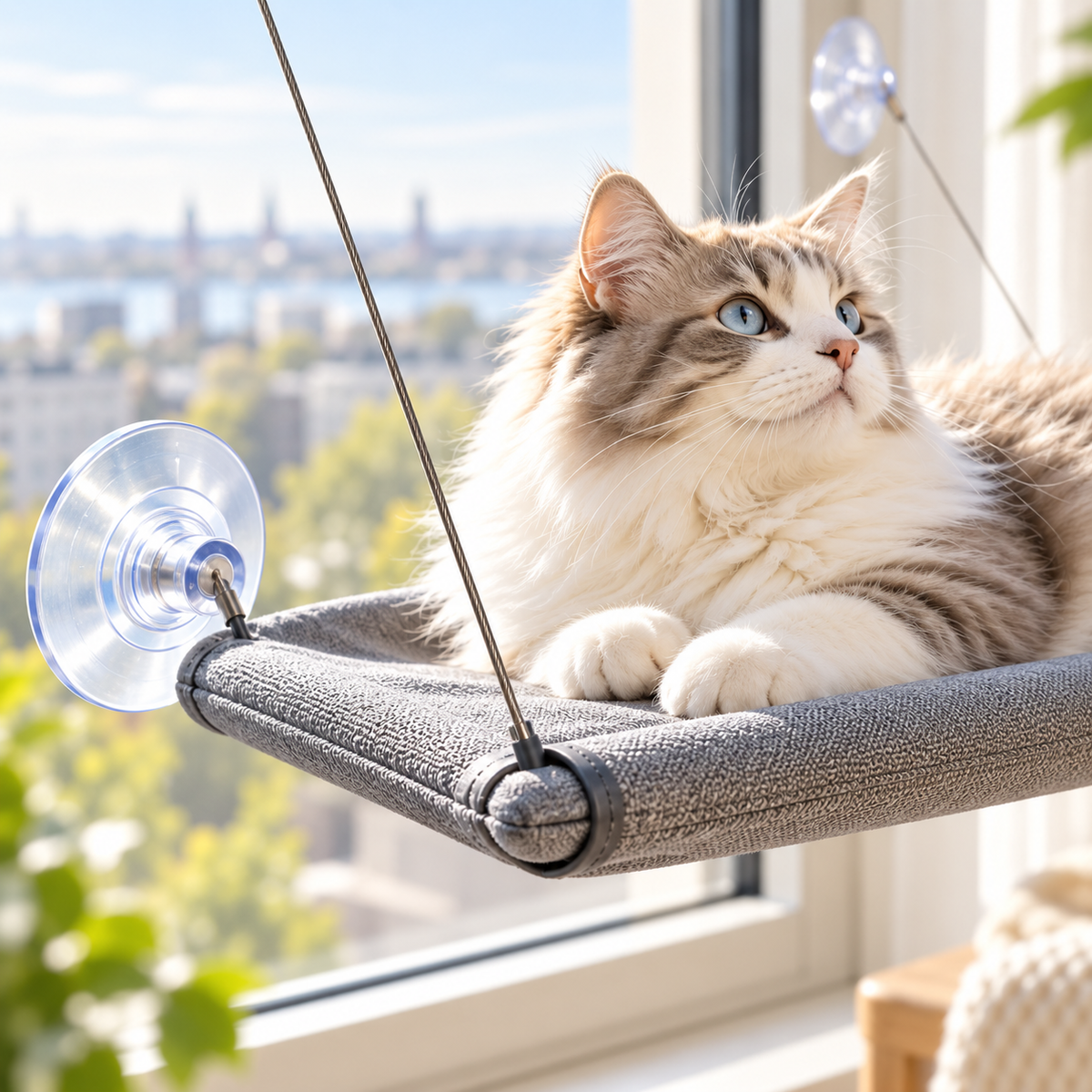 Närbild på sugkopp, vajer och tyg på fönsterbädd för katt