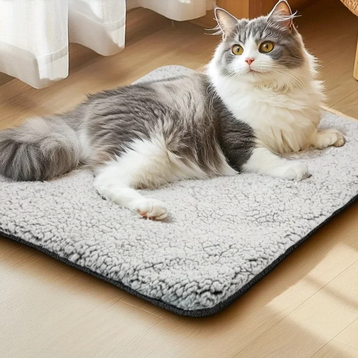 Katt som ligger på den grå självvärmande filten