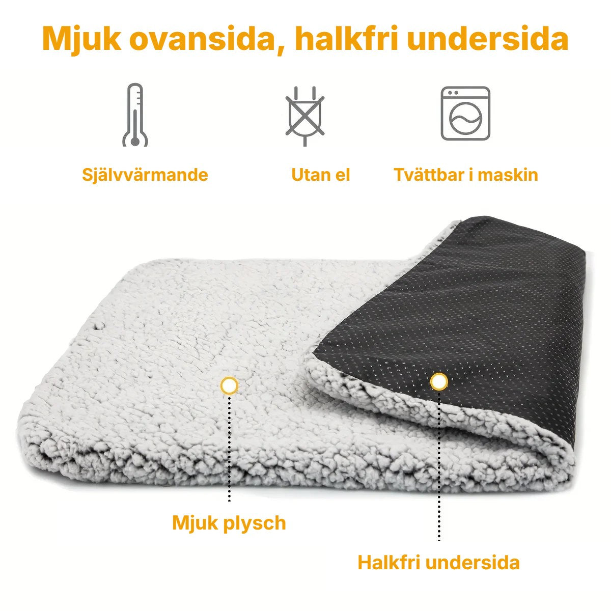 Filtens mjuka ovansida och halkfria undersida, tvättbar i maskin