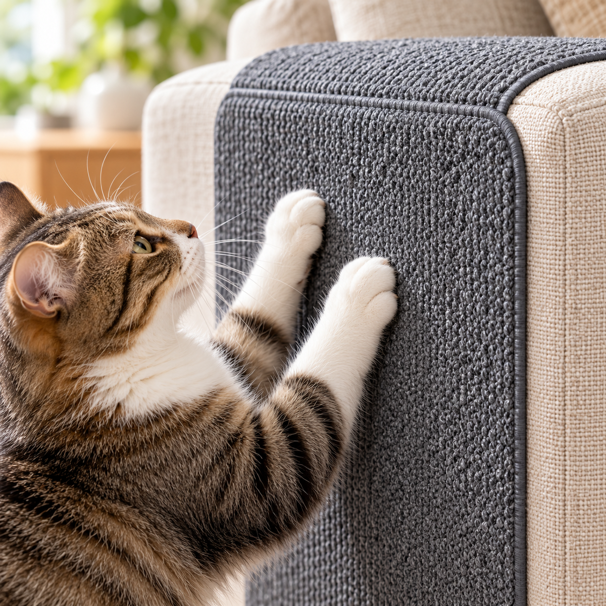 Närbild på katt som klöser på mörkgrå klösmatta på soffa