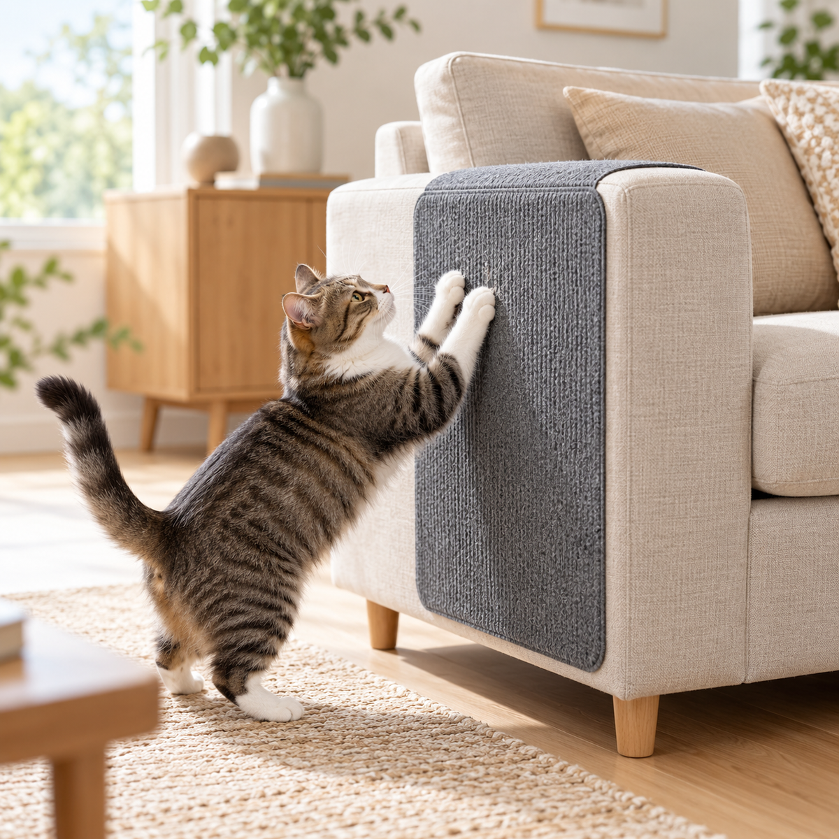 Katt använder mörkgrå klösmatta på armstödet på en beige soffa