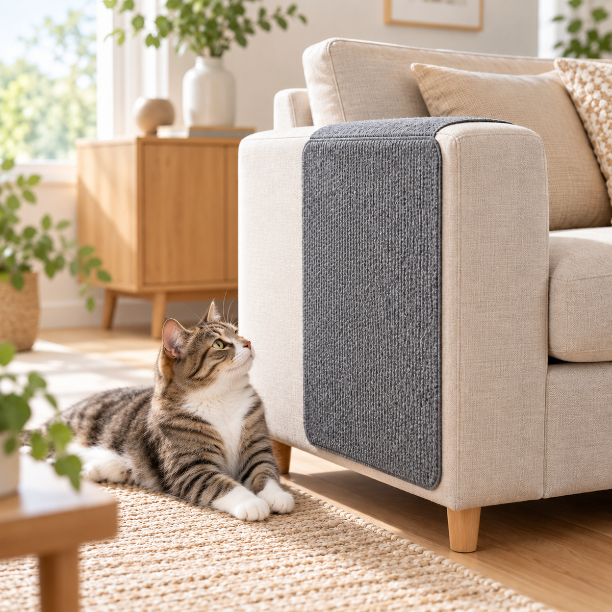 Mörkgrå klösmatta monterad på armstödet på en beige soffa med katt bredvid