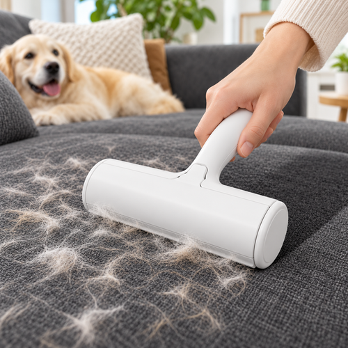 Djurhårsborttagare används på soffa med hund i bakgrunden